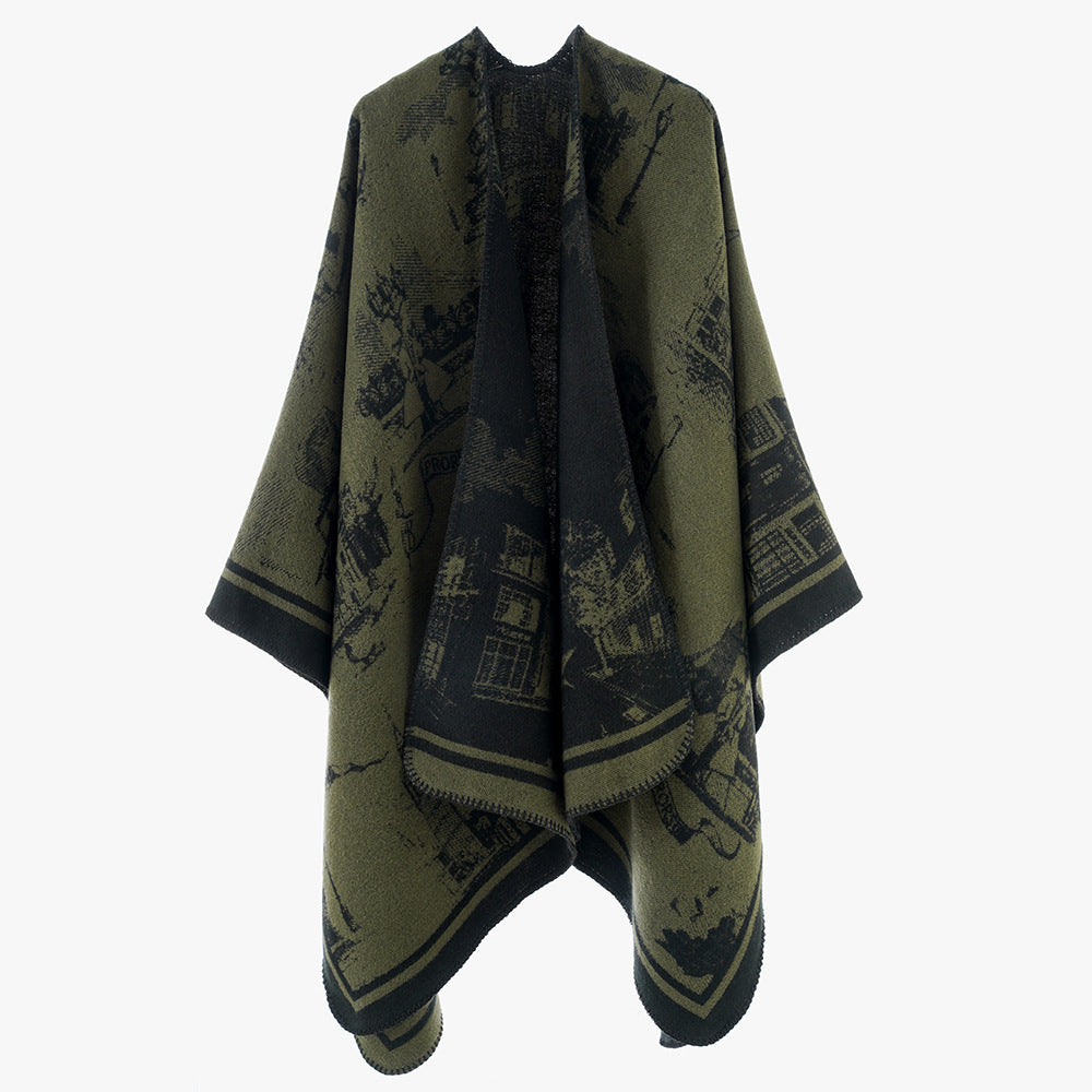 Damen Jacquard‑Capeponcho mit ikonischem Städte‑Jacquard und offenem Oversize‑Fall Drune