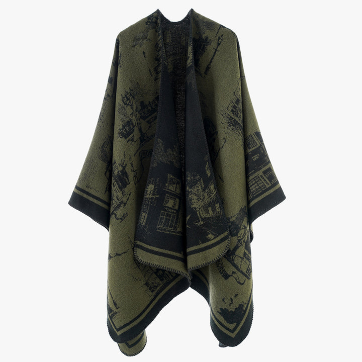 Damen Jacquard‑Capeponcho mit ikonischem Städte‑Jacquard und offenem Oversize‑Fall Drune