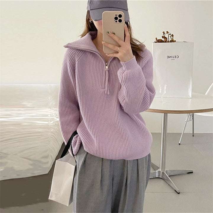 Damen Grobstrickpullover mit Reißverschluss und hohem Kragen Drune