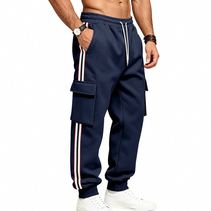 Herren Cargo-Jogginghose aus Baumwoll-Sweat mit seitlichen Kontraststreifen und Kordelzug Drune