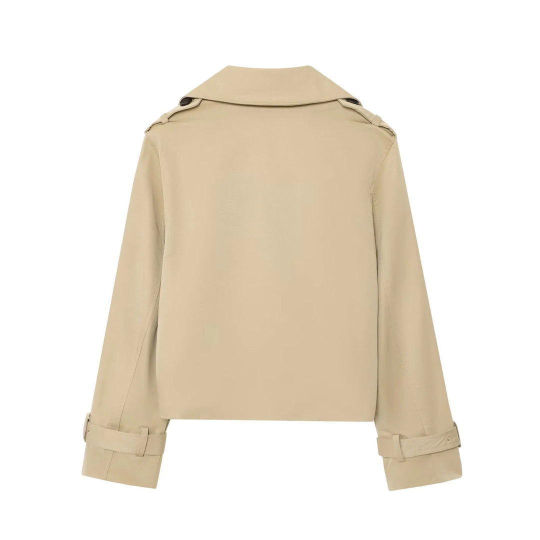 Damen modische Kurztrenchjacke mit doppelter Knopfreihe und Gürtel Drune