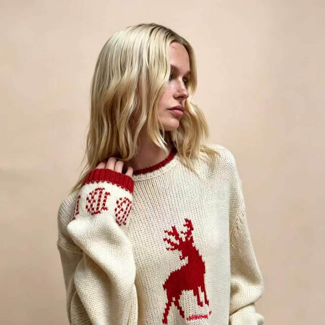 Damen Oversize Strickpullover mit Hirschintarsie, Rundhalsausschnitt und Norwegerbündchen Drune