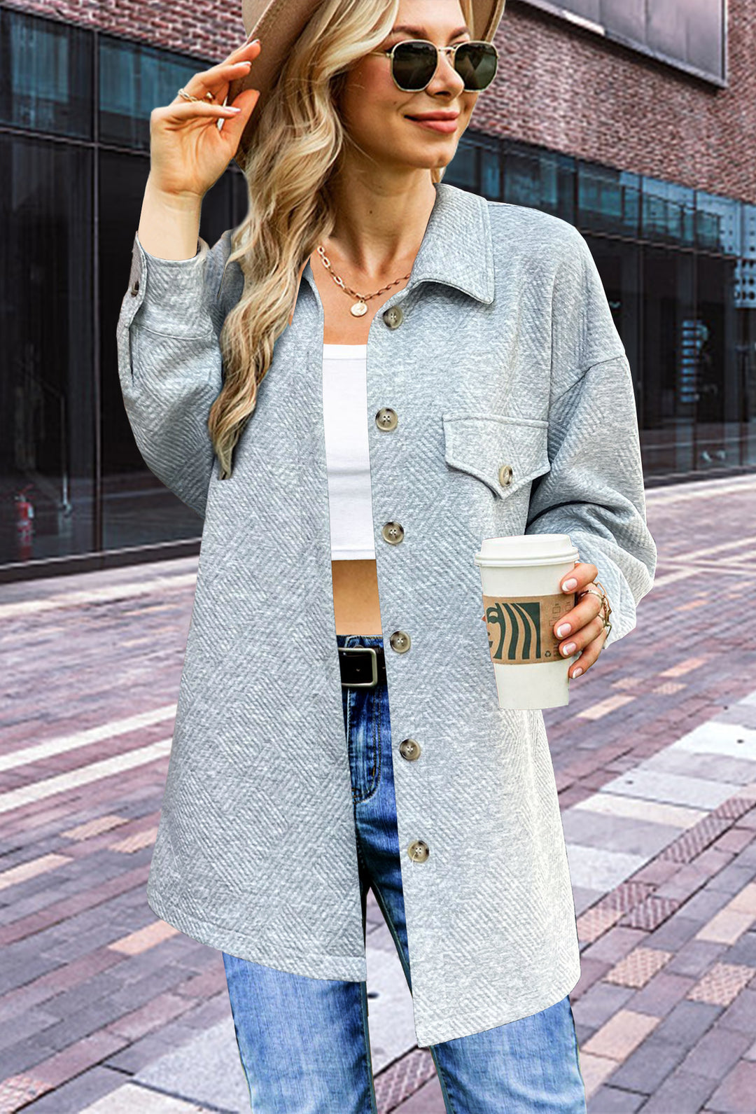 Damen Longline Oversize Hemdjacke mit aufgesetzten Pattentaschen und Strukturstoff Drune