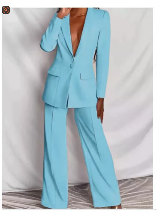 Damen nan eleganter Longline-Blazer mit tiefem V-Ausschnitt und weitem Palazzo-Hosenanzug Drune
