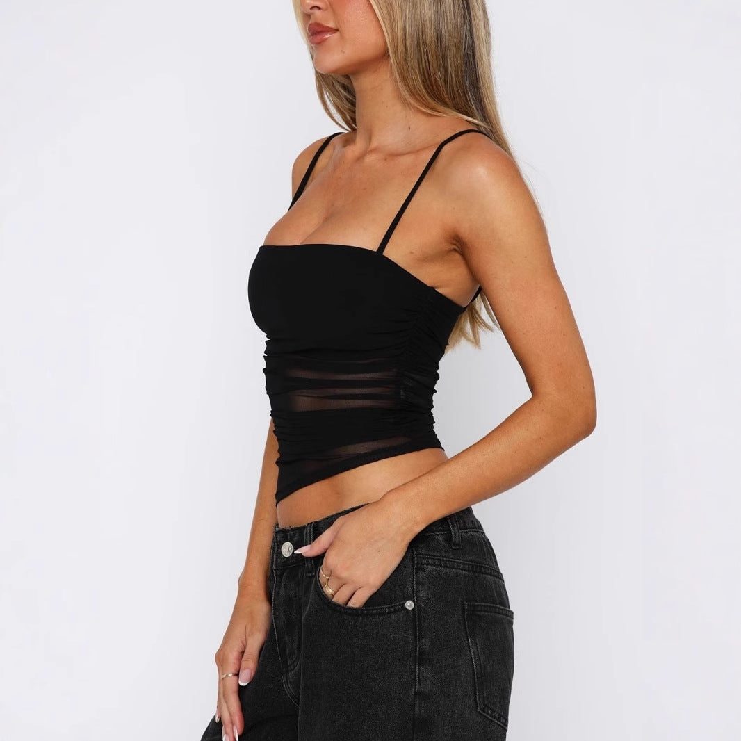 Damen leichtes Rüschenshirt mit Spaghettiträgern und transparenten Einsätzen Drune