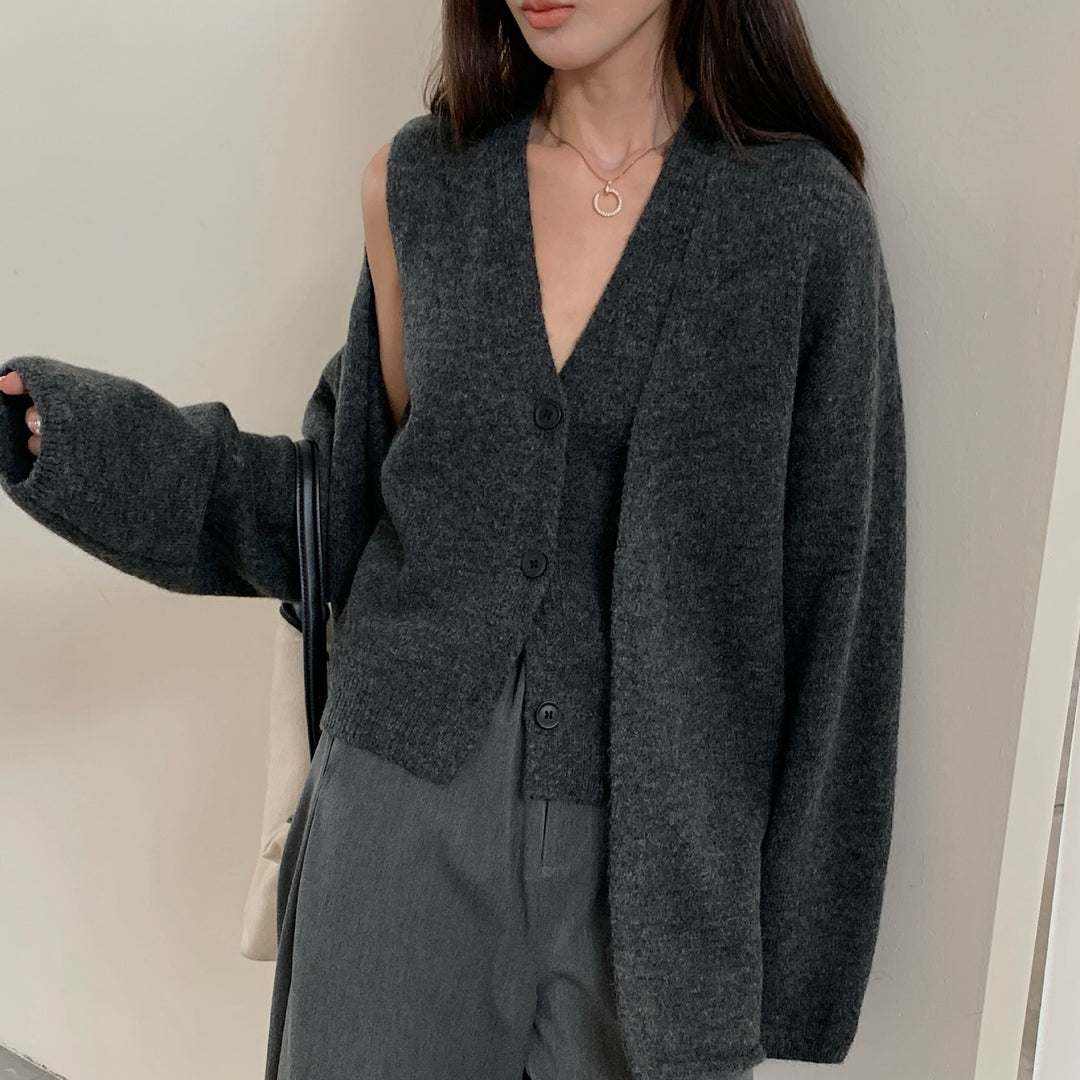 Damen Modische Strickjacke mit elegantem V-Ausschnitt und Knopfverschluss Drune