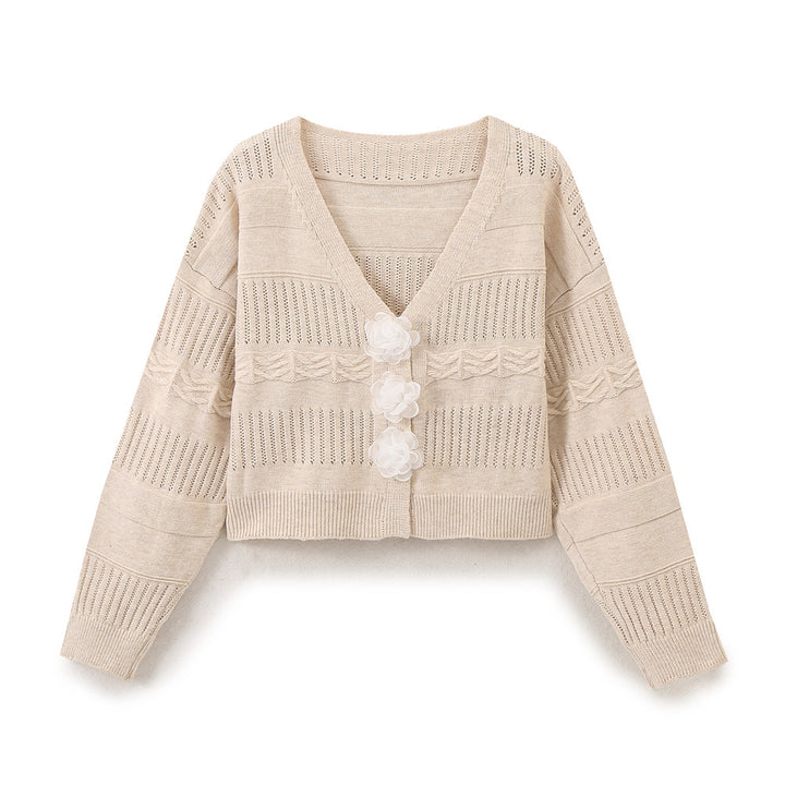 Damen modische Strickjacke mit romantischen Blumenknöpfen und lässigem Schnitt Drune