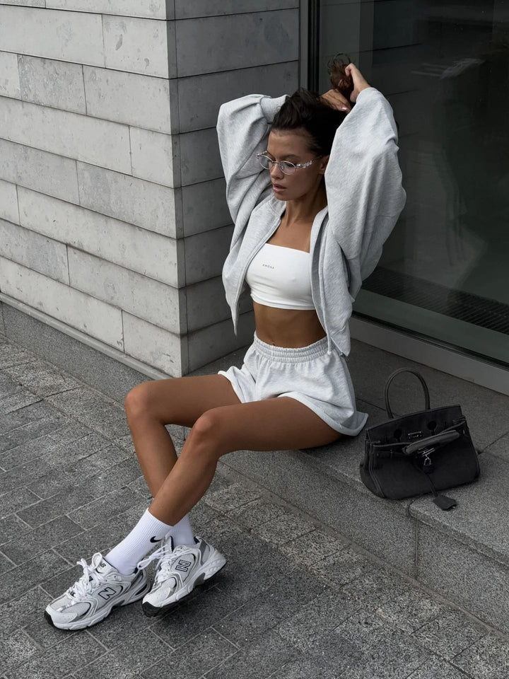 Damen oversized Cropped-Zip-Hoodie mit voluminösen Ballonärmeln und elastischer High‑Waist Loungeboxer-Shorts Drune