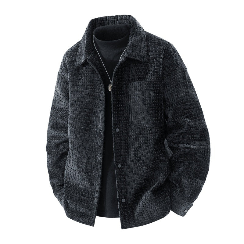 Herren strukturierte Overshirt-Jacke aus Waffelstrickoptik mit Druckknopfverschluss und Brusttasche Drune