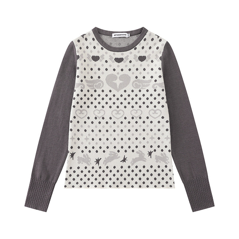 Damen Feinstrick-Pullover mit Jacquard-Motiv, Rundhalsausschnitt und Kontrastärmeln Drune