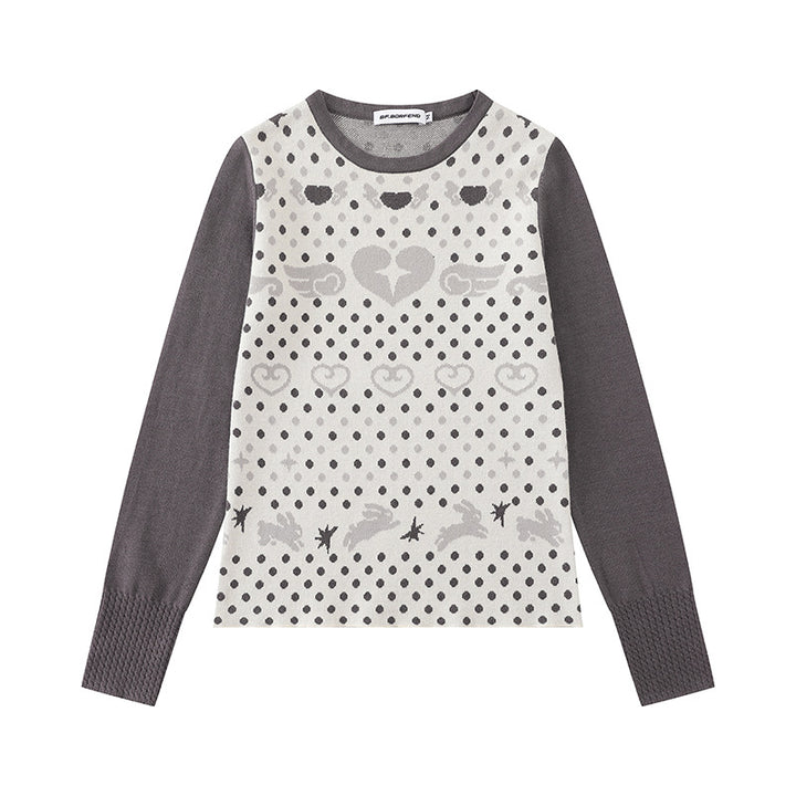 Damen Feinstrick-Pullover mit Jacquard-Motiv, Rundhalsausschnitt und Kontrastärmeln Drune
