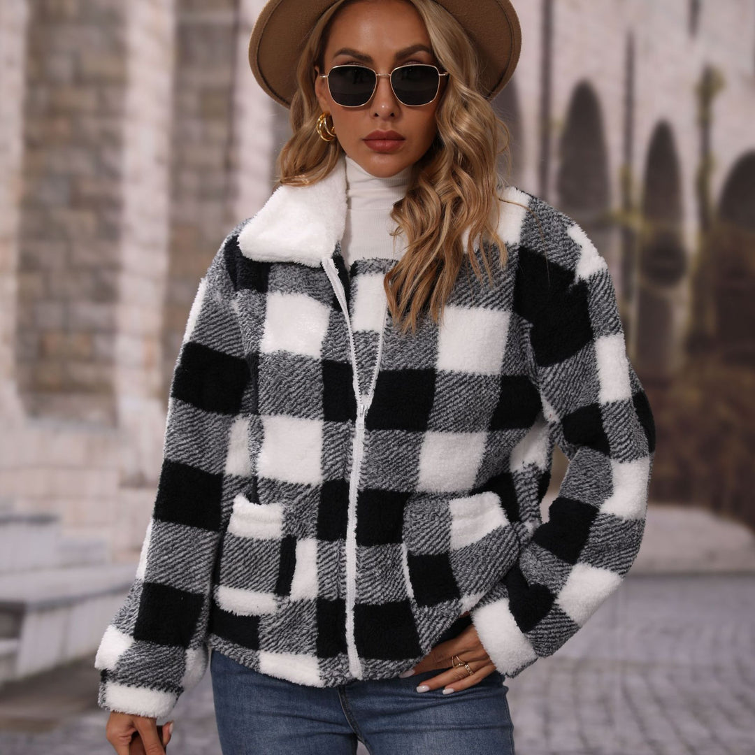 Damen Kuschelige Karojacke mit asymmetrischem Reißverschluss Drune