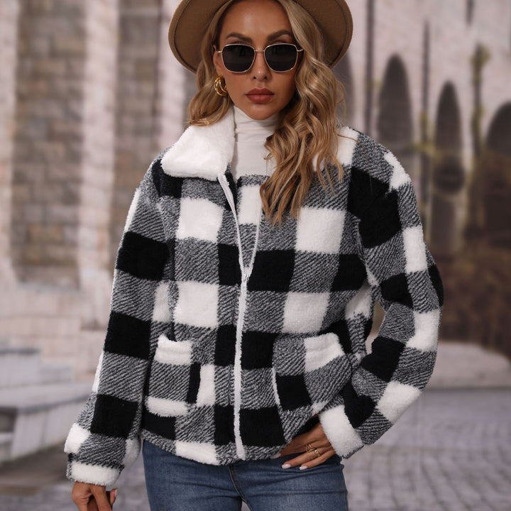 Damen Kuschelige Karojacke mit asymmetrischem Reißverschluss Drune