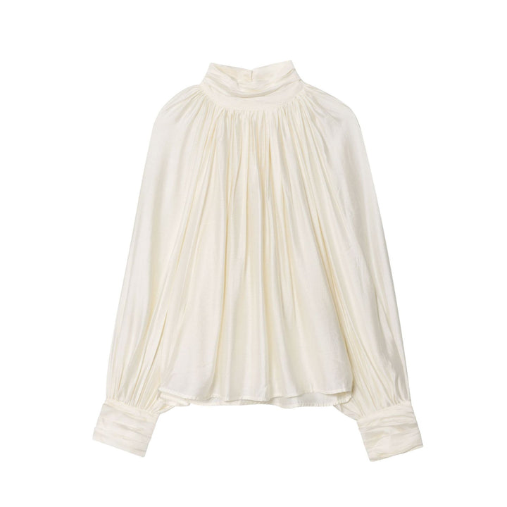 Damen nan plissierte Highneck-Bluse aus seidenähnlichem Satin mit Ballonärmeln und gerafften Manschetten Drune