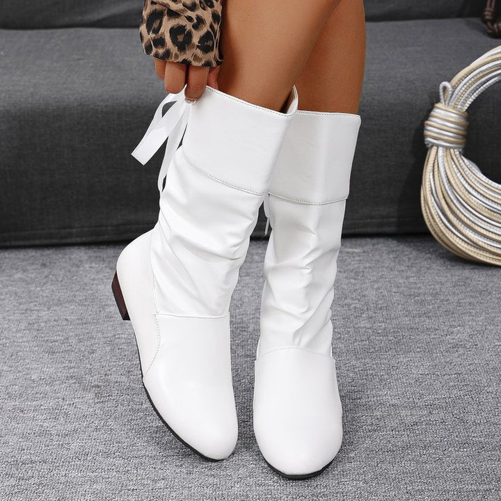 Damen nan schafthöhe Stiefel mit Raffung, rückseitiger Schnürung und niedrigem Blockabsatz Drune