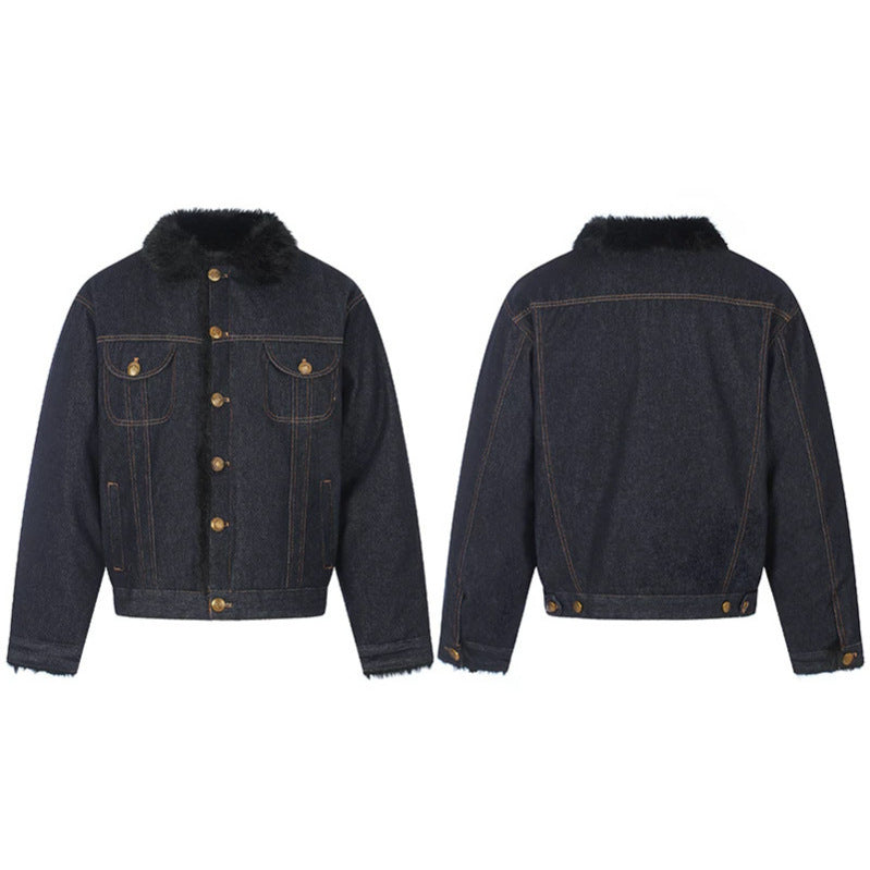 Damen gefütterte Jeansjacke mit Kunstfellkragen, Teddy‑Innenfutter und Goldknopf-Details Drune