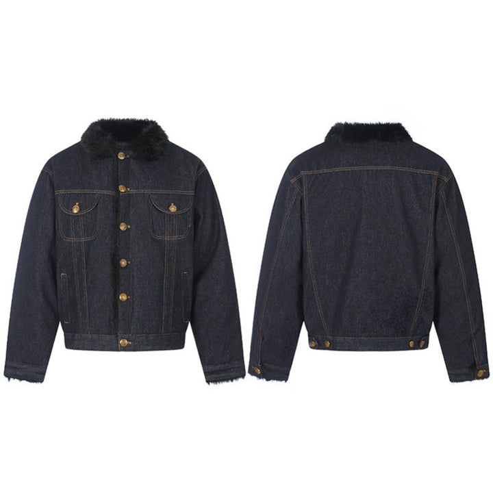 Damen gefütterte Jeansjacke mit Kunstfellkragen, Teddy‑Innenfutter und Goldknopf-Details Drune