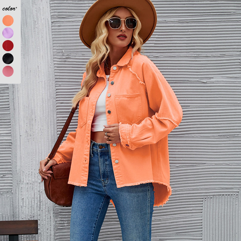 Damen Denimjacke mit lässigem Schnitt und fransigen Details Drune