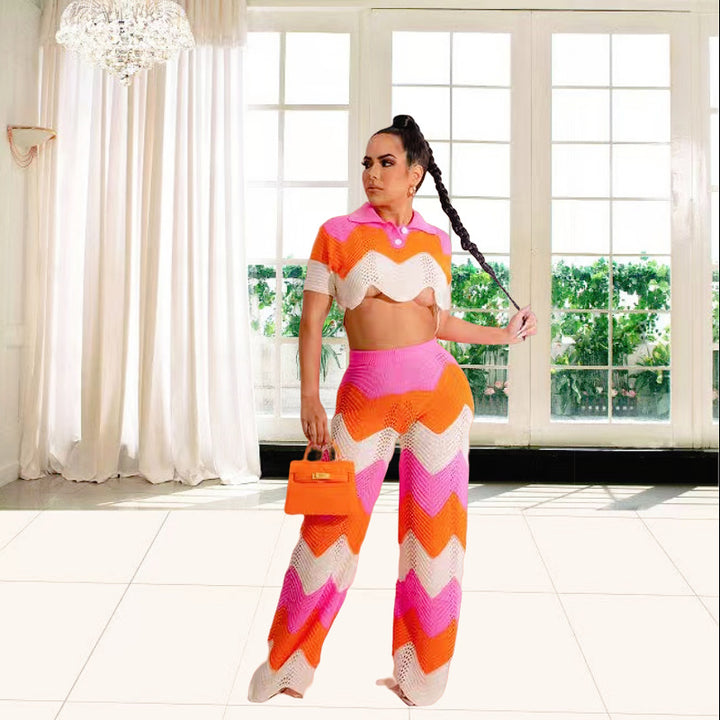 Damen Set aus gehäkeltem Crop-Top und weitem Palazzo-Hosen Drune