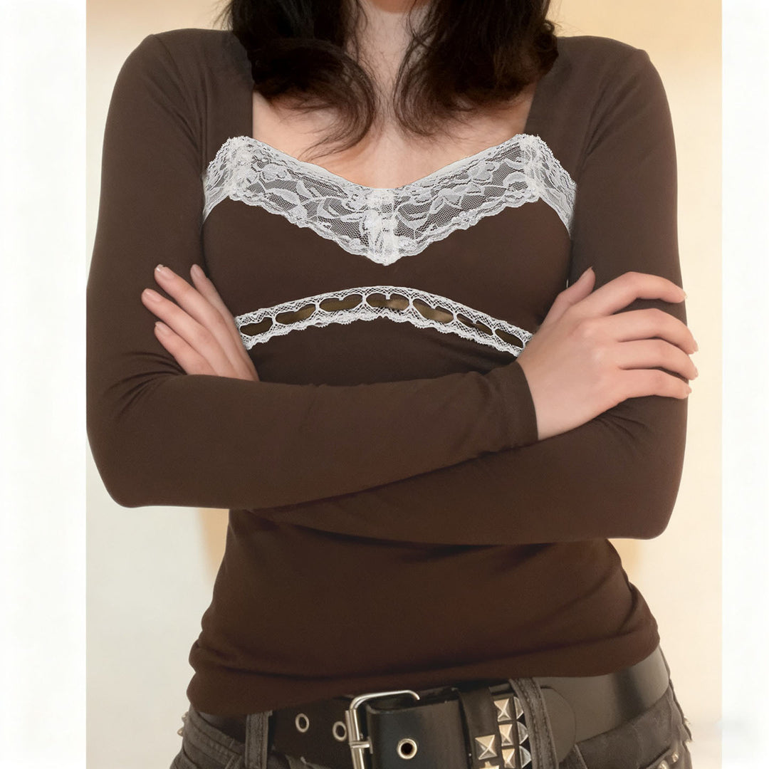 Damen Figurbetontes Langarmshirt mit integriertem Spitzen‑Bustierdetail Drune