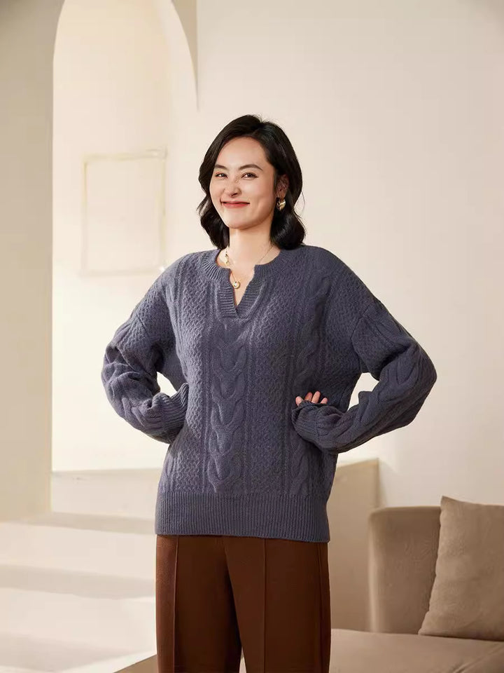 Damen Oversize Zopfstrick-Pullover mit V‑Einsatz und kaschmirähnlicher Weichheit Drune