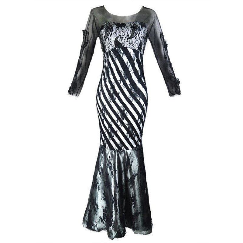 Damen Abendkleid Meerjungfrau‑Schnitt mit transparenten Ärmeln und Spitzenbesatz Drune