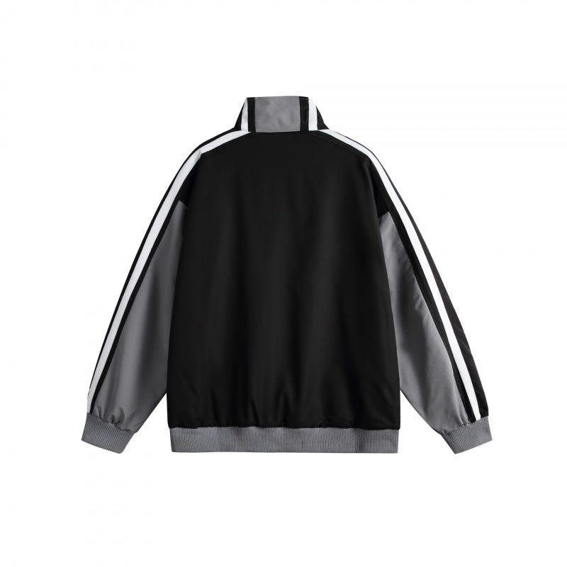 Unisex Leichte Retro-Trackjacke mit Stehkragen, kontrastierenden Streifen und gerippten Bündchen Drune
