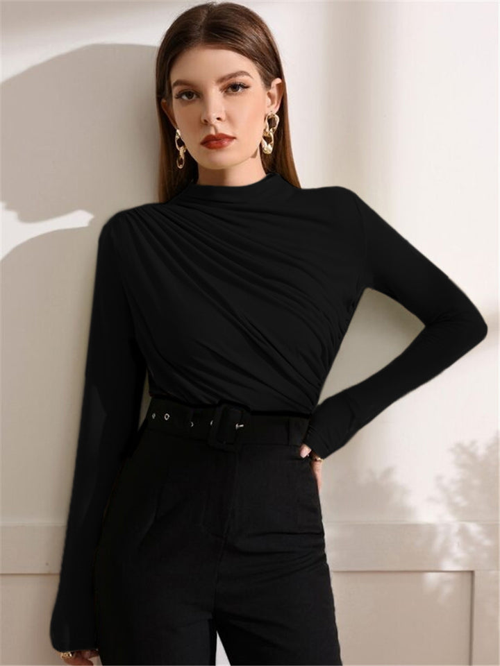 Damen Figurbetontes Langarmshirt mit seitlichem Drapieren und Stehkragen Drune