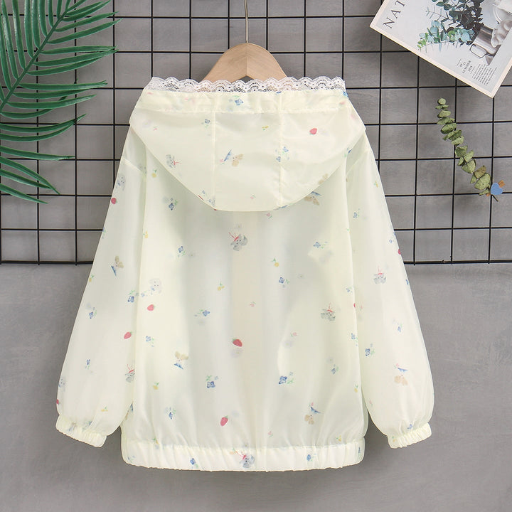 Damen nan leichte Kapuzen-Sommerjacke mit Spitzenbesatz, zartem Allover-Print und Reißverschluss Drune