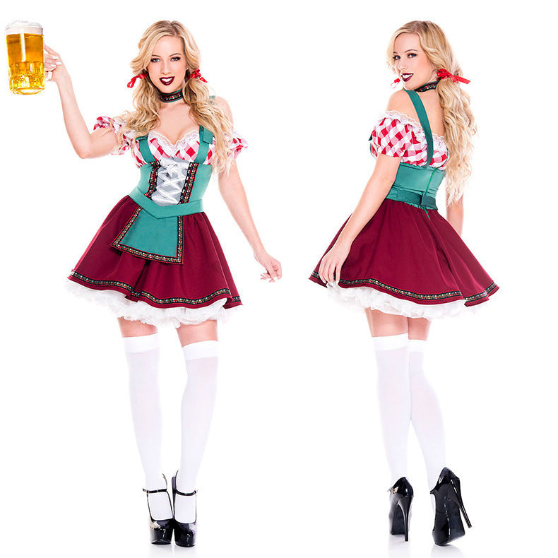 Damen nan Oktoberfest-Kostüm im Trachtenstil mit geschnürter Miederfront, Puffärmeln und ausgestelltem Schürzenrock Drune