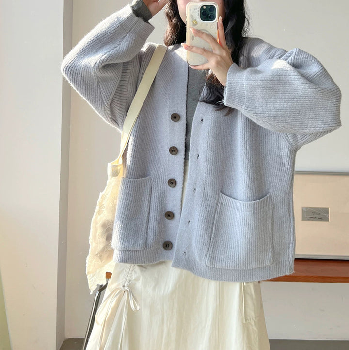 Damen Kuschelige Strickjacke mit großen Taschen und Knopfdetails Drune