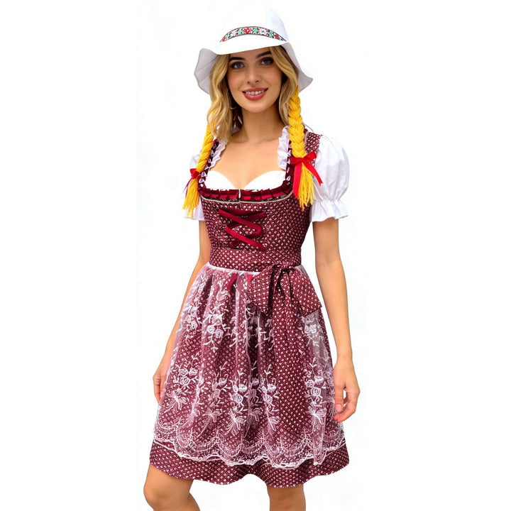 Damen nan traditionelles Dirndlkleid mit Herzausschnitt geschnürter Taille und Spitzen-Schürze Drune