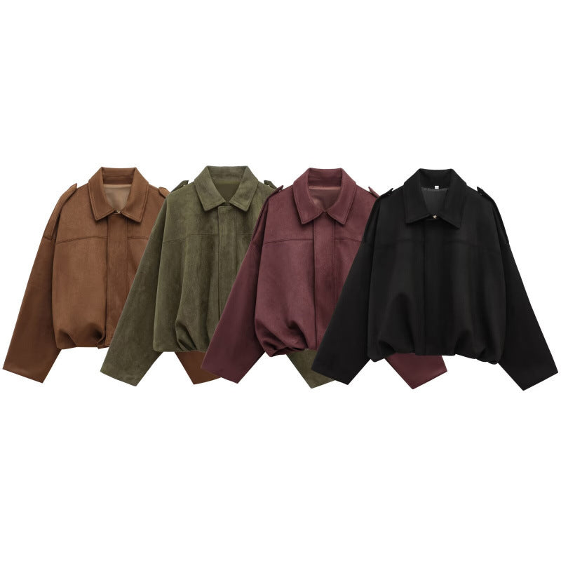 Damen modische Oversize-Jacke aus weichem Kunstleder mit dekorativen Details Drune