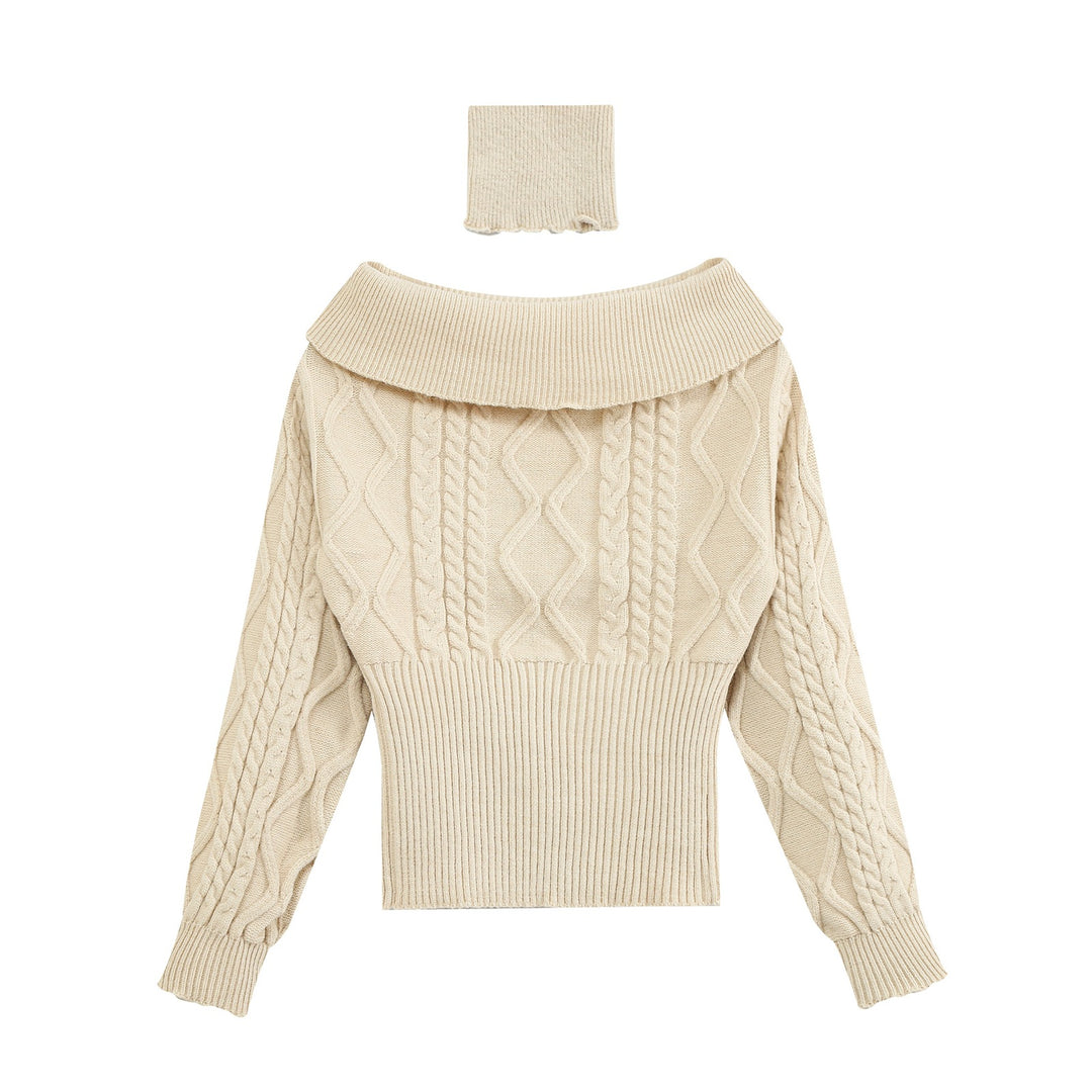 Damen Off-Shoulder Zopfstrick-Pullover mit weitem Rippbund und Umschlagkragen Drune