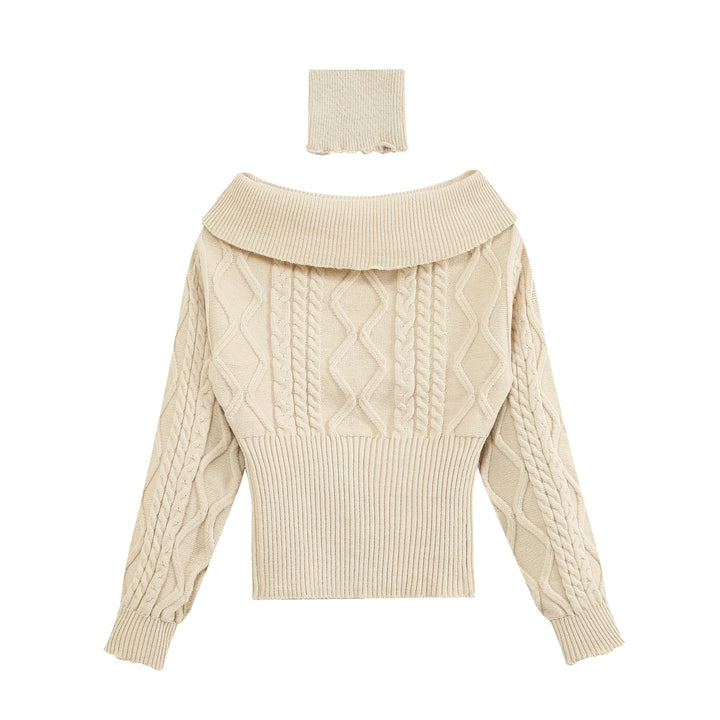 Damen Off-Shoulder Zopfstrick-Pullover mit weitem Rippbund und Umschlagkragen Drune