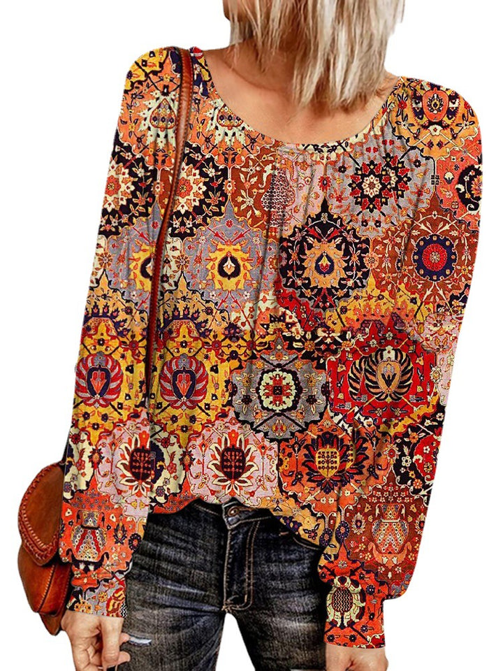 Damen Ethno-Print Oversize-Tunika mit Rundhalsausschnitt und langen Ballonärmeln Drune