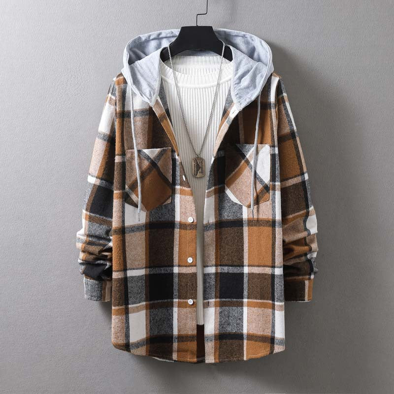Herren lässige Flanell-Hemdjacke mit Kapuze und grafischem Karomuster Drune