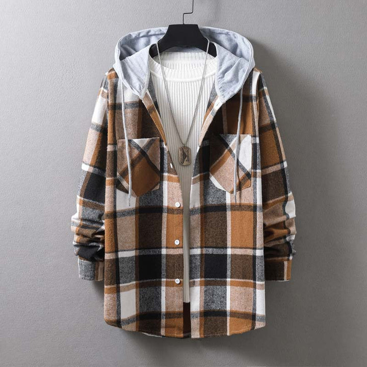 Herren lässige Flanell-Hemdjacke mit Kapuze und grafischem Karomuster Drune
