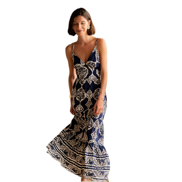 Damen Maxikleid mit tiefem V-Ausschnitt und verspieltem Muster Drune