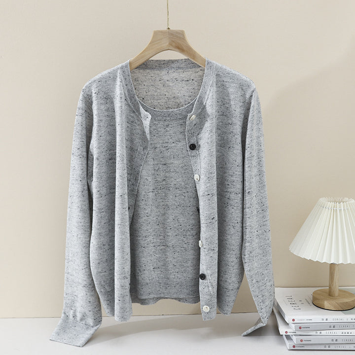 Damen Leichter gestrickter Kurzcardigan mit Rundhals, Mélange‑Struktur und kontrastierenden Knöpfen Drune