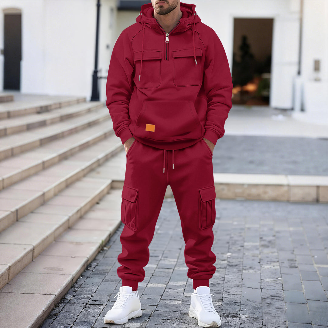 Herren technischer Oversize-Hoodie mit Halbzip, Kapuze, Kängurutasche und aufgesetzten Utility-Taschen Drune