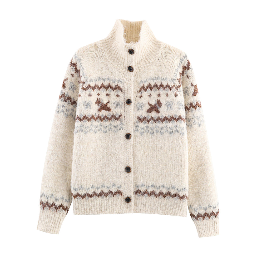 Damen Strick-Cardigan mit Norwegermuster und hohem Rollkragen Drune