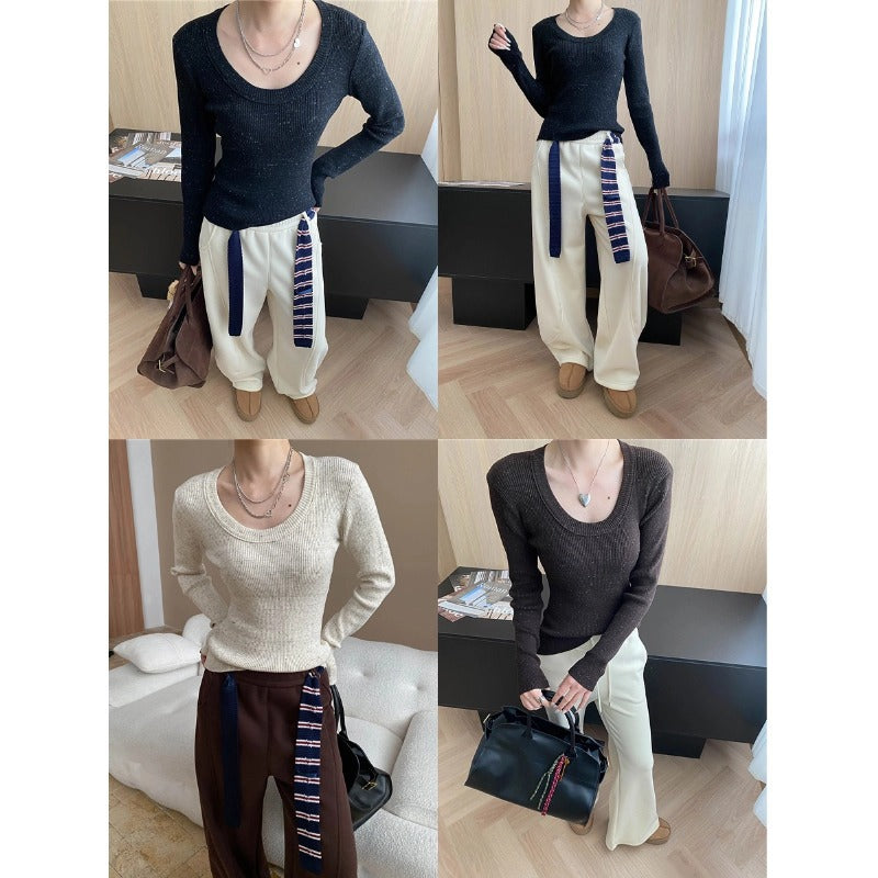Damen eleganter Strickpullover mit tiefem V-Ausschnitt und feinen Rippdetails Drune