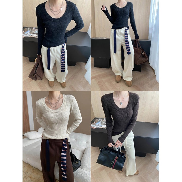 Damen eleganter Strickpullover mit tiefem V-Ausschnitt und feinen Rippdetails Drune