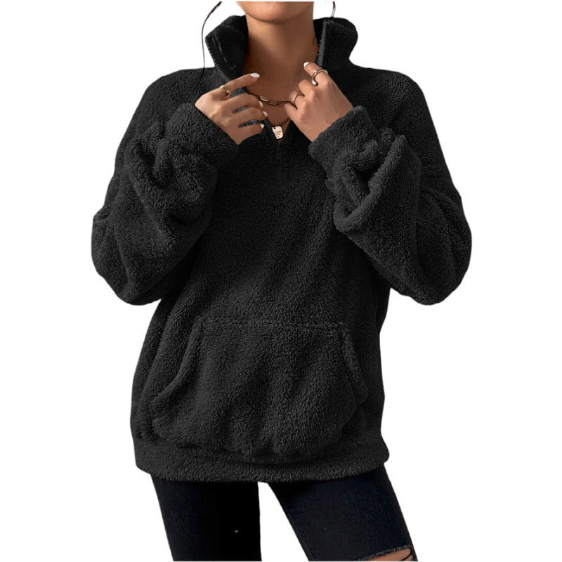 Damen Flauschiger Teddy-Pullover mit halbem Reißverschluss und Kängurutasche Drune