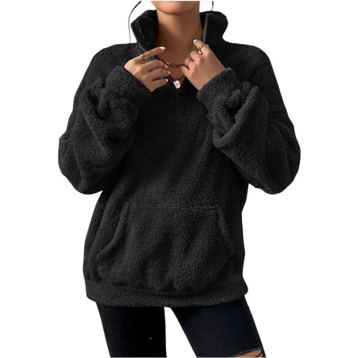 Damen Flauschiger Teddy-Pullover mit halbem Reißverschluss und Kängurutasche Drune