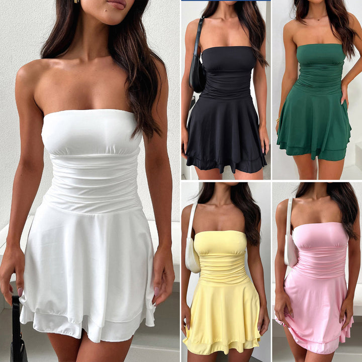 Damen ärmelloses Mini-Kleid mit gerafftem Oberteil und fließendem Saum Drune