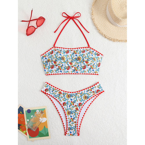 Damen Bandeau-Bikini mit floralen Mustern und verspieltem Rüschensaum Drune