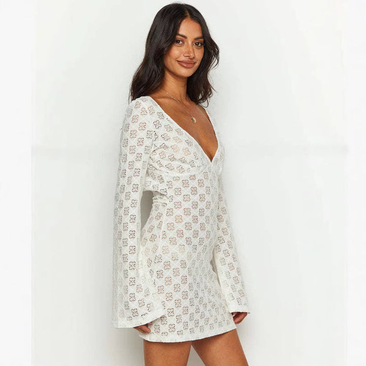 Damen Spitzen-Kleid mit V-Ausschnitt und langen Ärmeln Drune