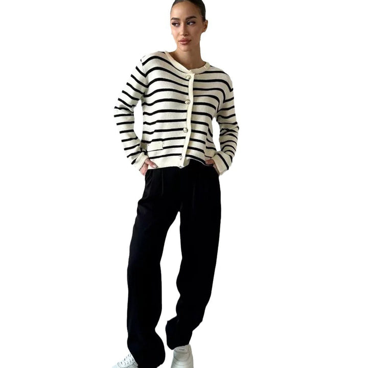 Damen gestreifte Strickjacke mit Knopfdetail Drune